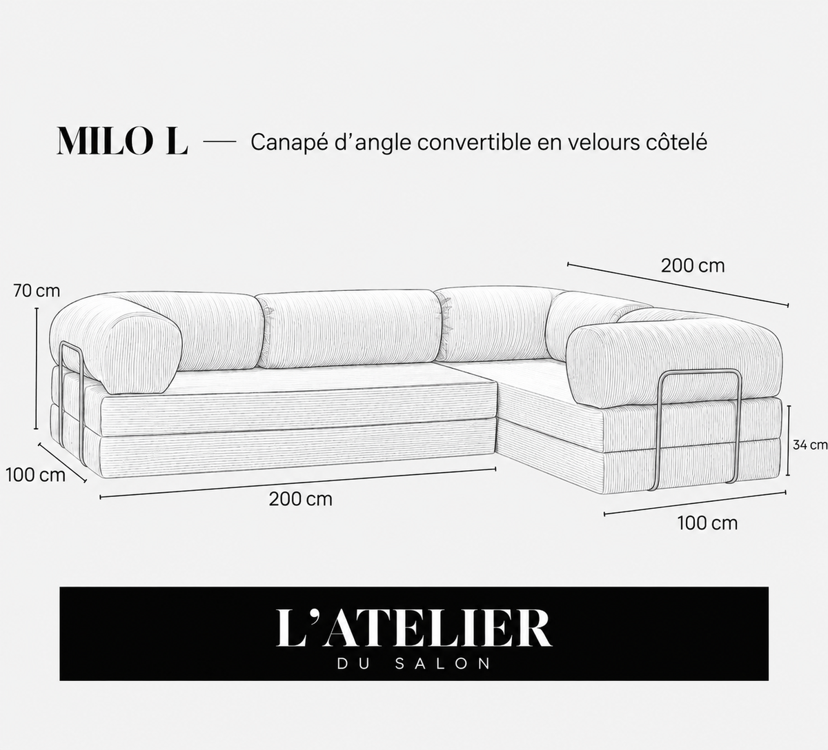 MILO L | Canapé d’angle convertible en velours côtelé – Bleu clair
