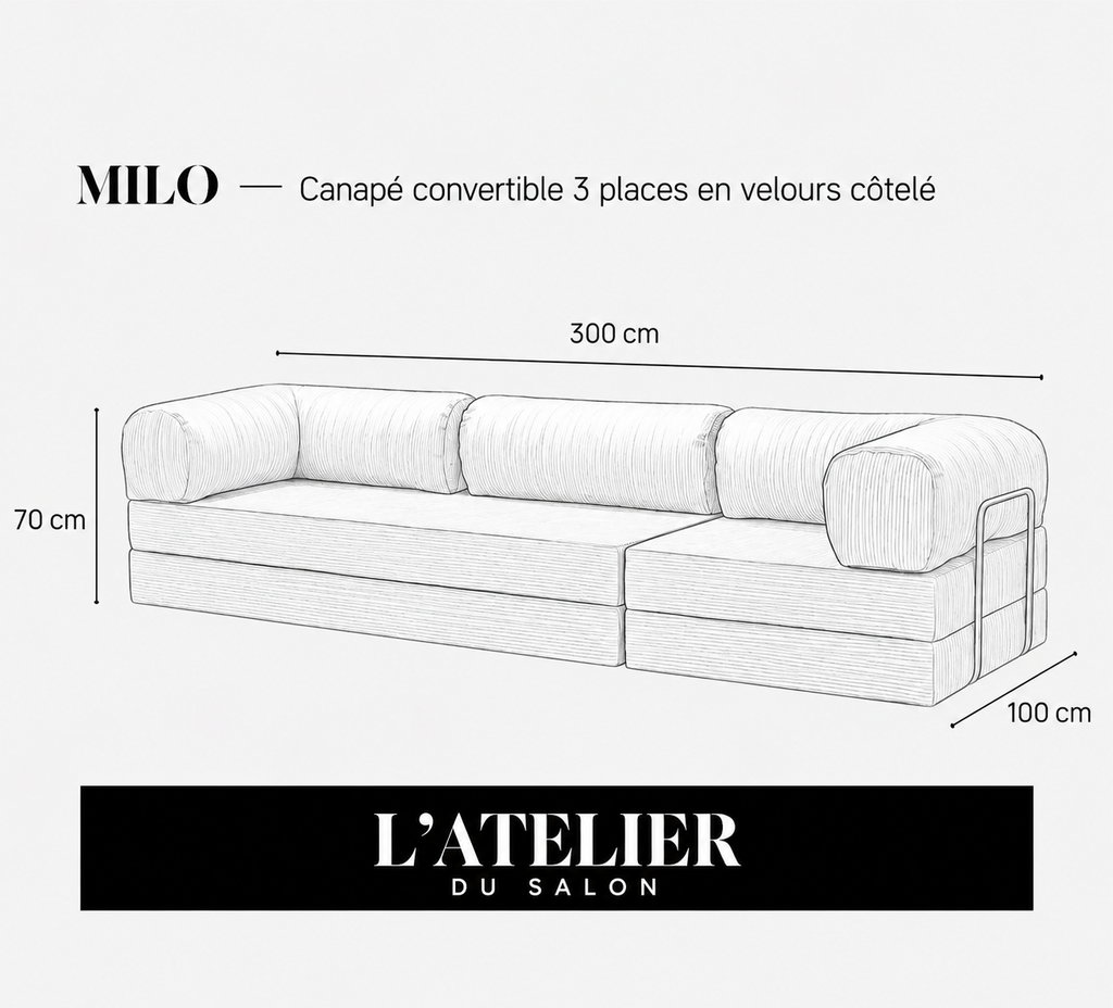 MILO | Canapé convertible 3 places en velours côtelé - Bleu clair