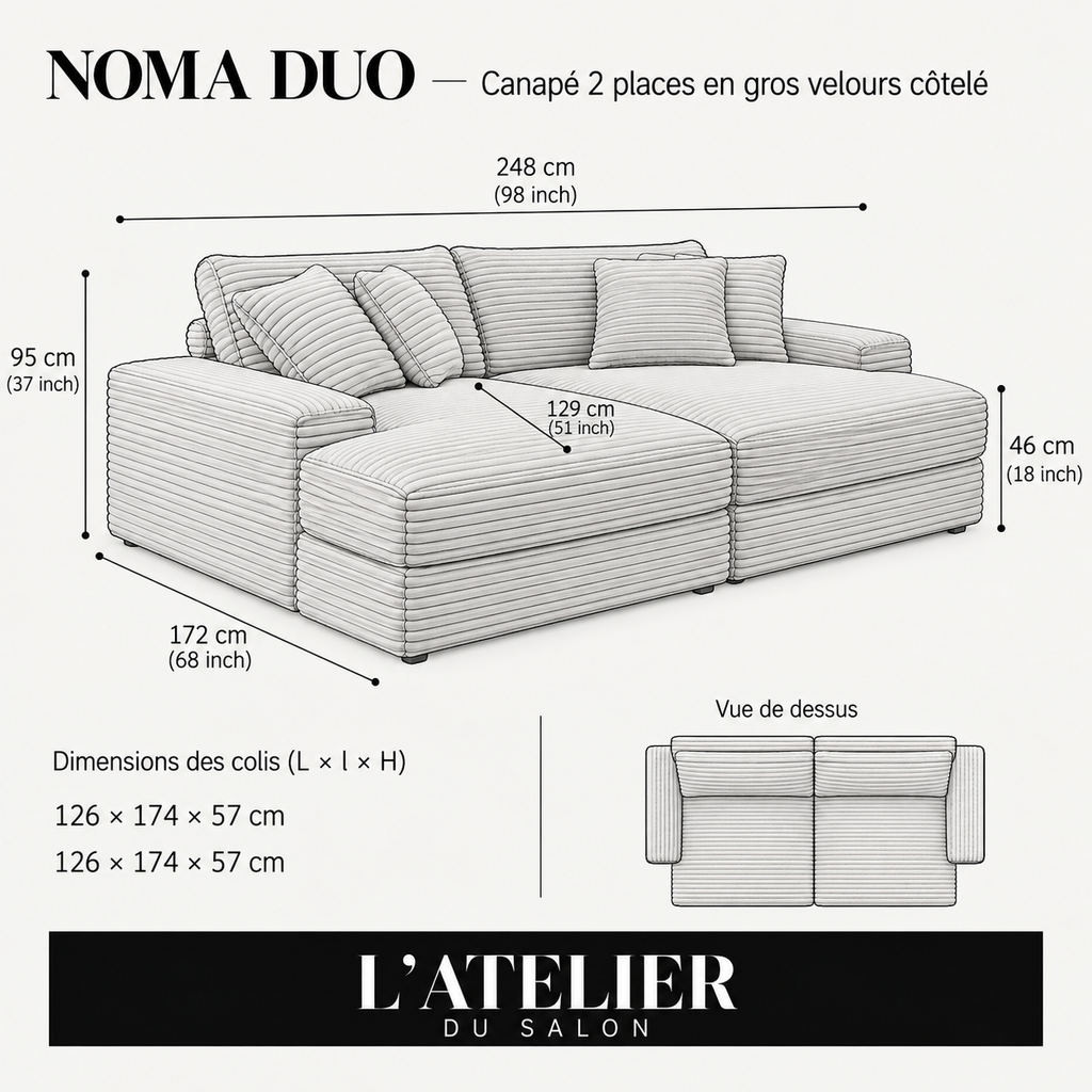 NOMA DUO | Canapé 2 places en gros velours côtelé - Gris