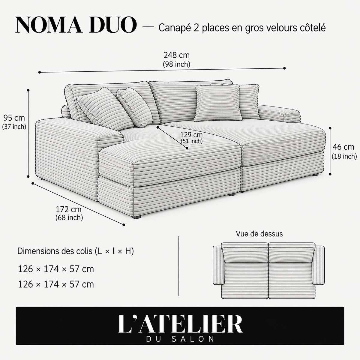 NOMA DUO | Canapé 2 places en gros velours côtelé - Beige