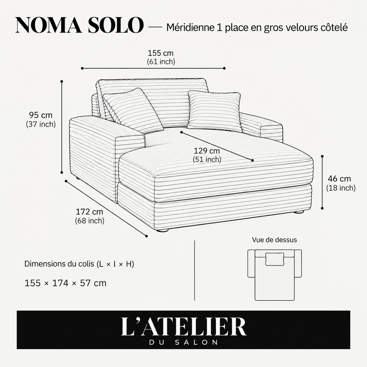 NOMA SOLO | Méridienne 1 place en gros velours côtelé - Taupe