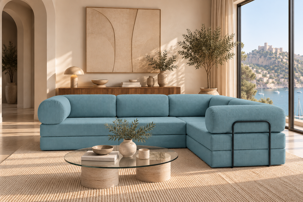 MILO L | Canapé d’angle convertible en velours côtelé – Bleu clair