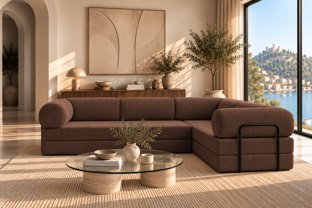 MILO L | Canapé d’angle convertible en velours côtelé – Bleu clair