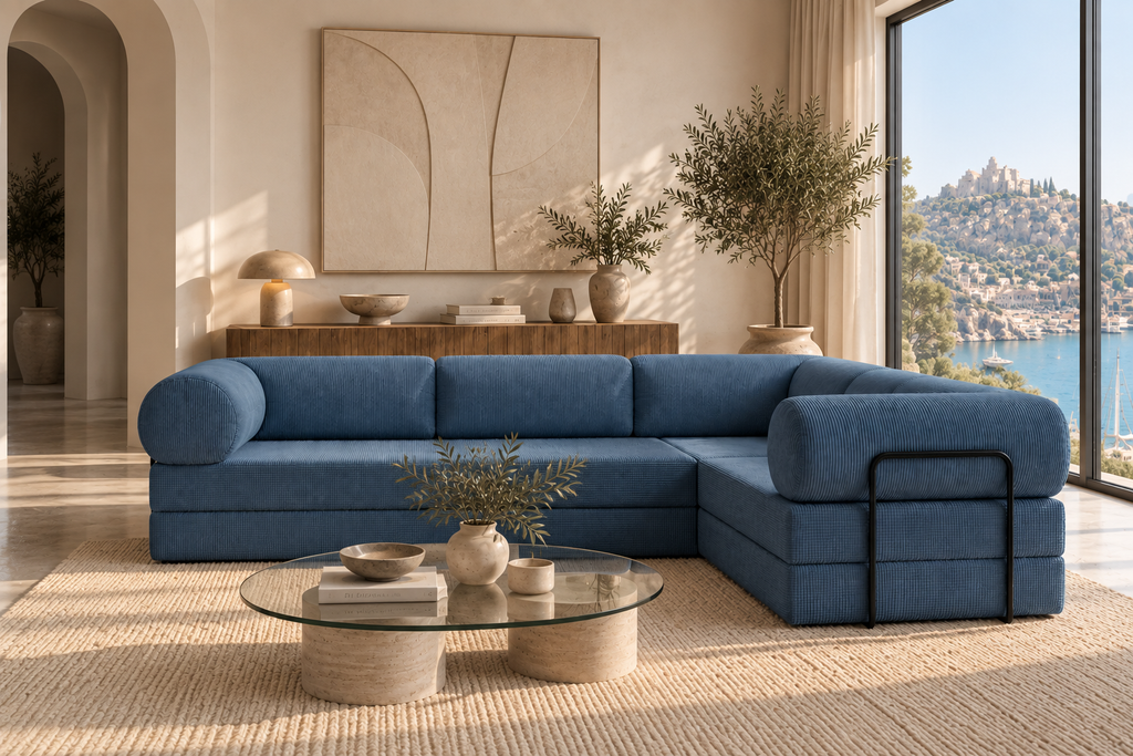 MILO L | Canapé d’angle convertible en velours côtelé – Bleu clair