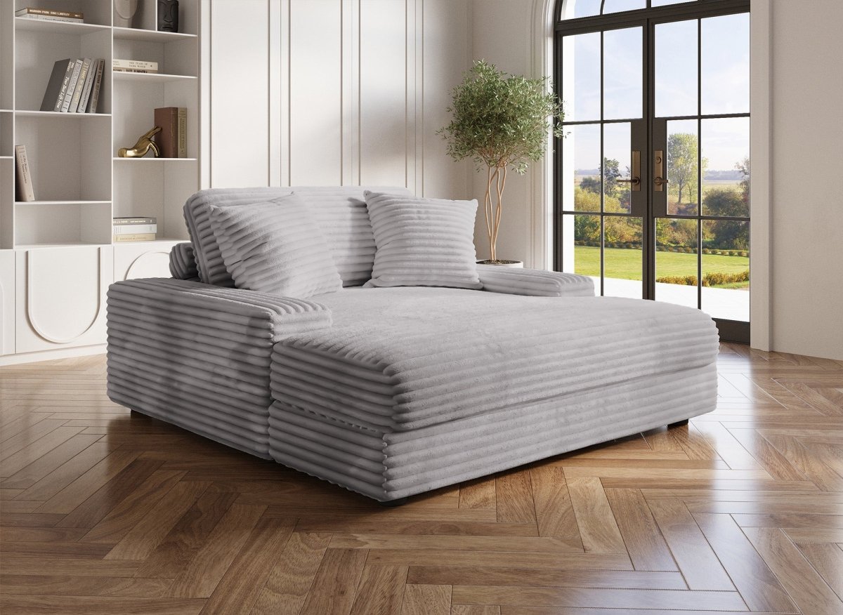 Canapé droit méridienne 1 place en velours gros côtelé gris 