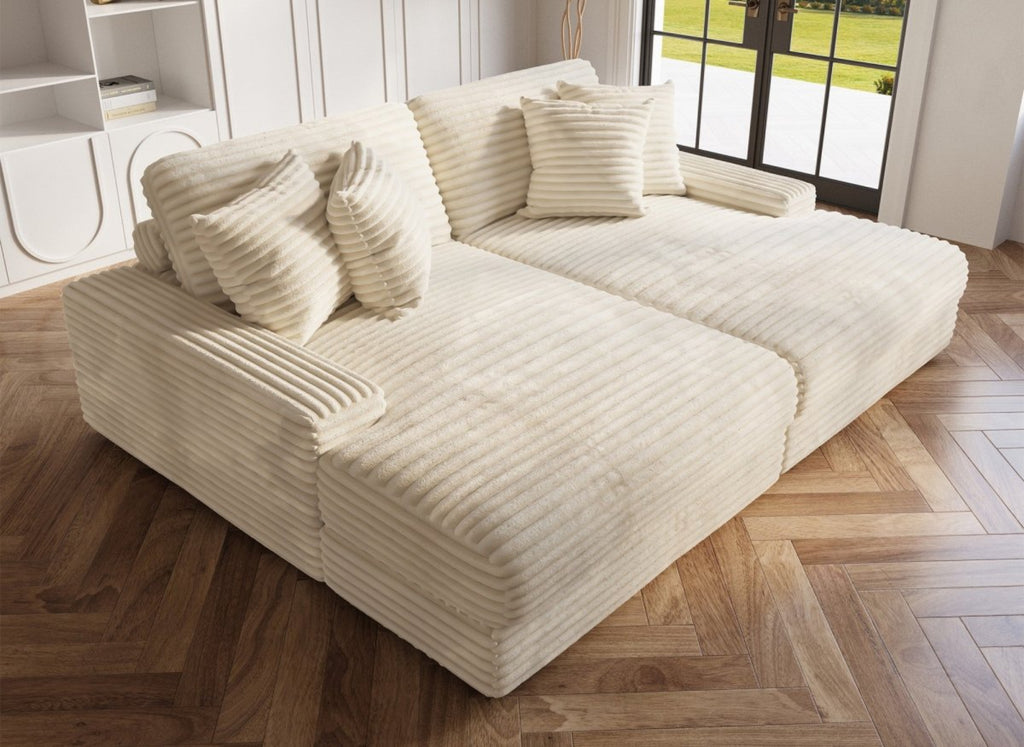 Canapé droit méridienne 2 places en gros côtelé doux beige
