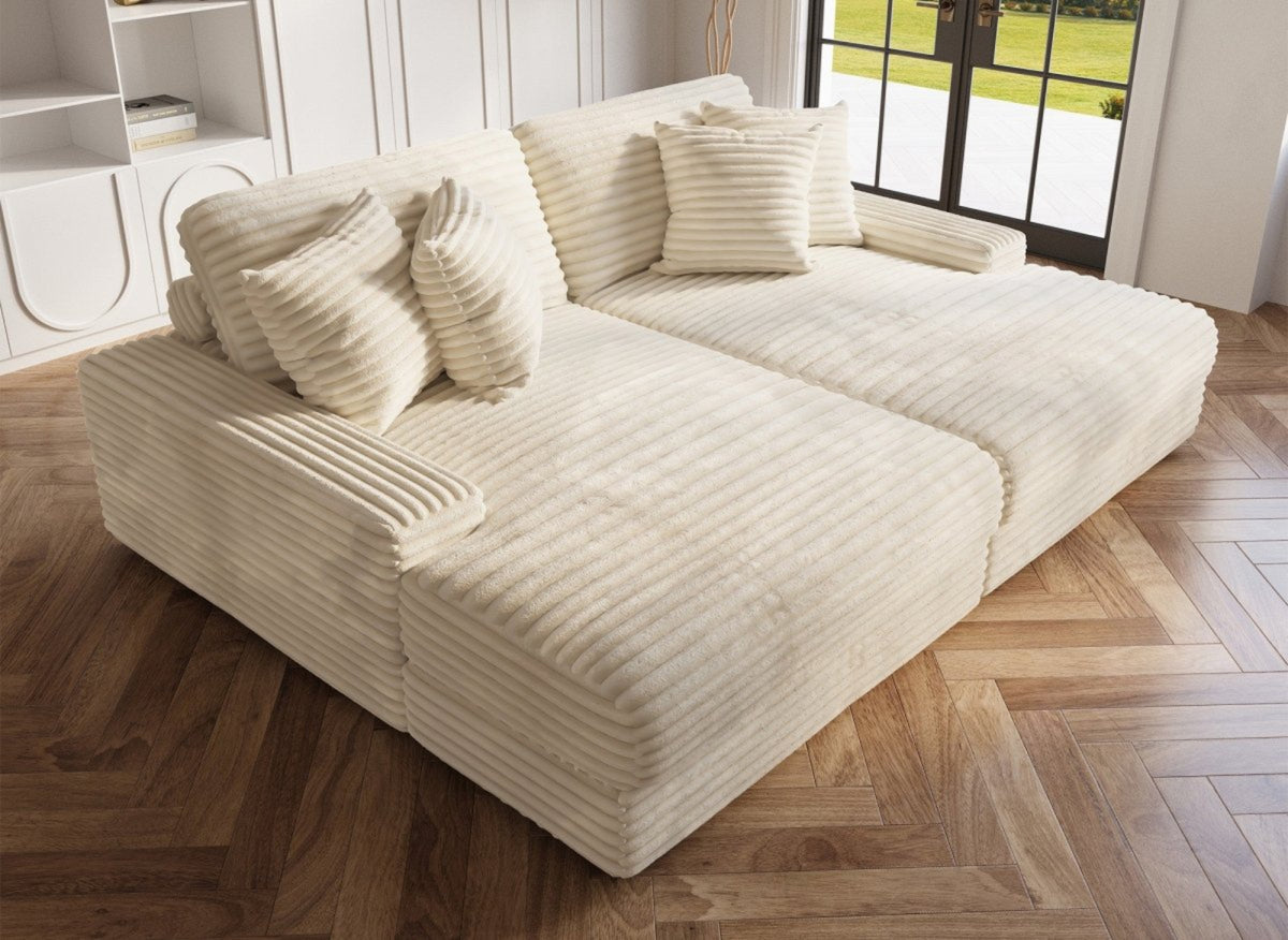Canapé droit méridienne 2 places en gros côtelé doux beige