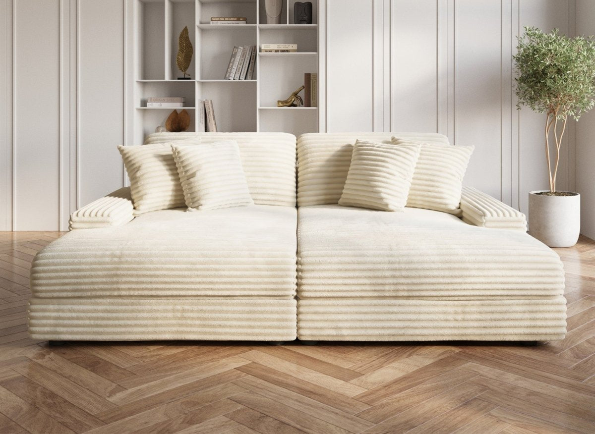 Canapé droit méridienne 2 places en gros côtelé doux beige