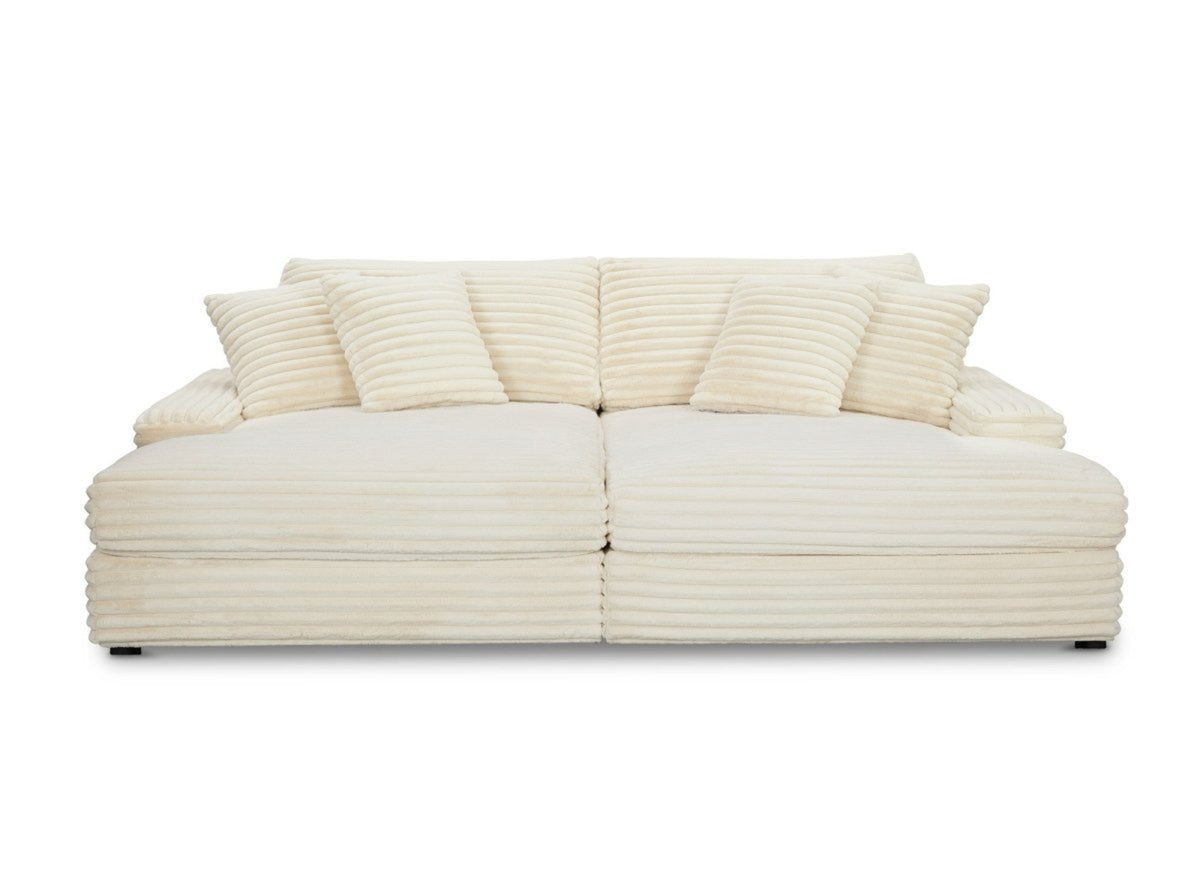 Canapé droit méridienne 2 places en gros côtelé doux beige 