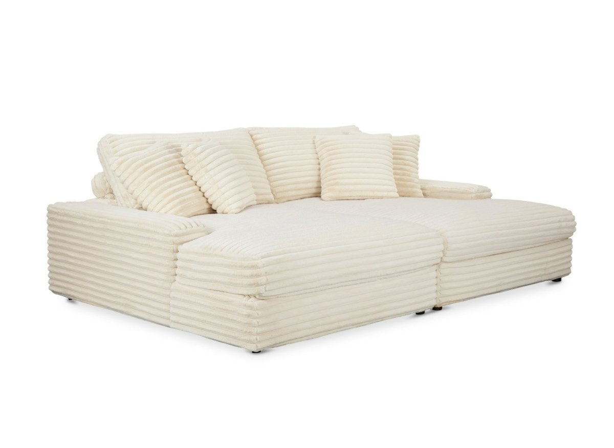 Canapé droit méridienne 2 places en gros côtelé doux beige 