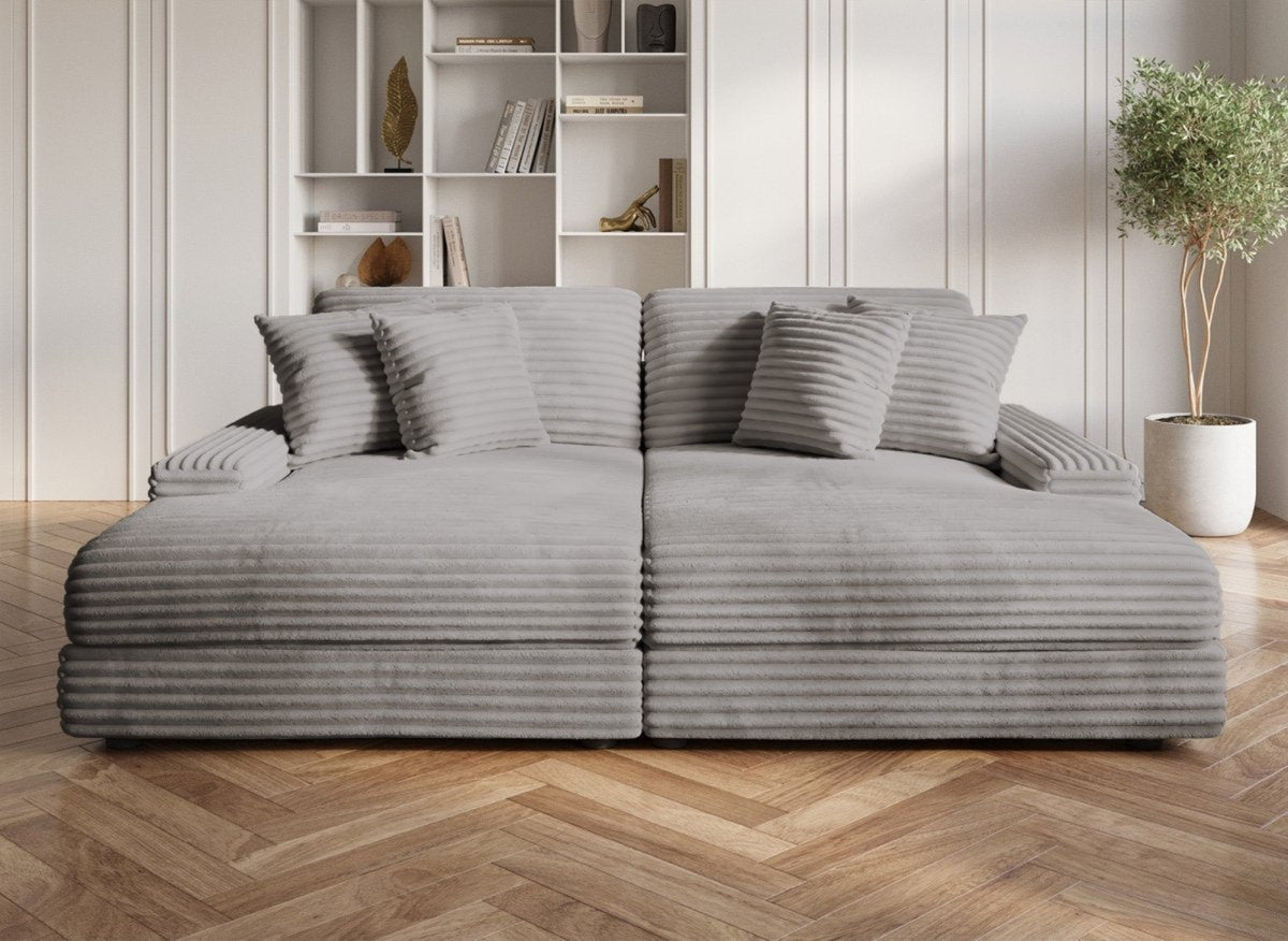 Canapé droit méridienne 2 places en gros côtelé doux gris
