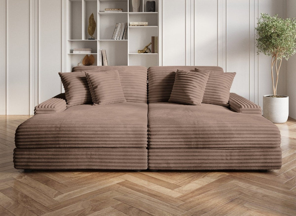 Canapé droit méridienne 2 places en gros côtelé doux taupe 