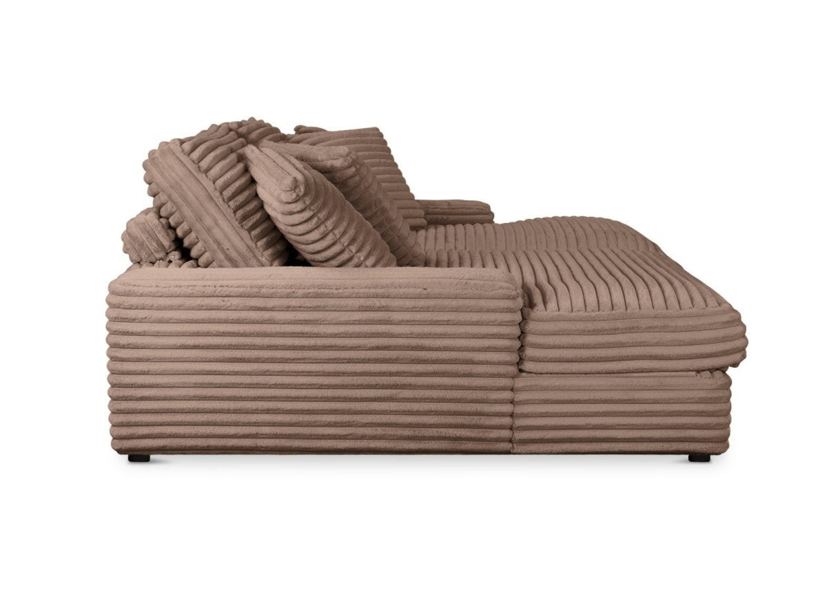 Canapé droit méridienne 2 places en gros côtelé doux taupe