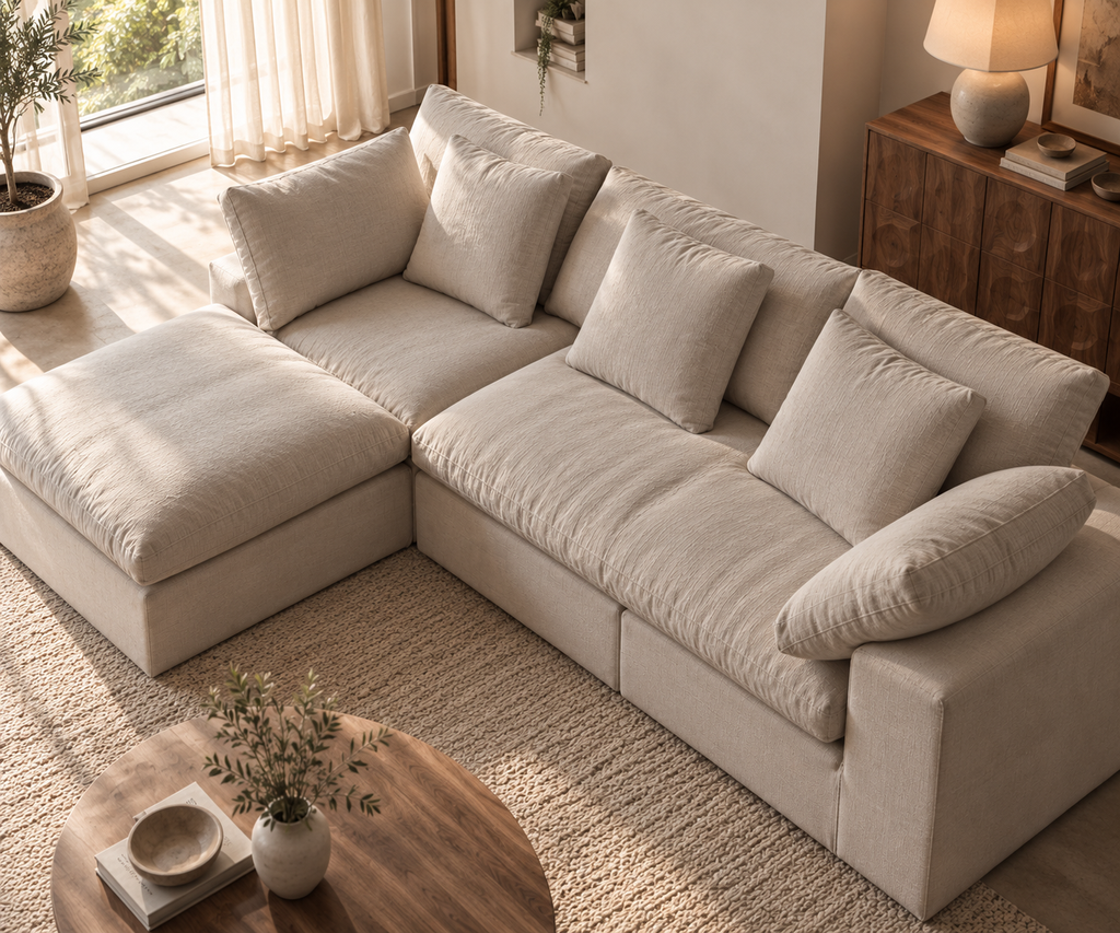 SENA ANGLE | Canapé d'angle en tissu texturé effet lin - Beige