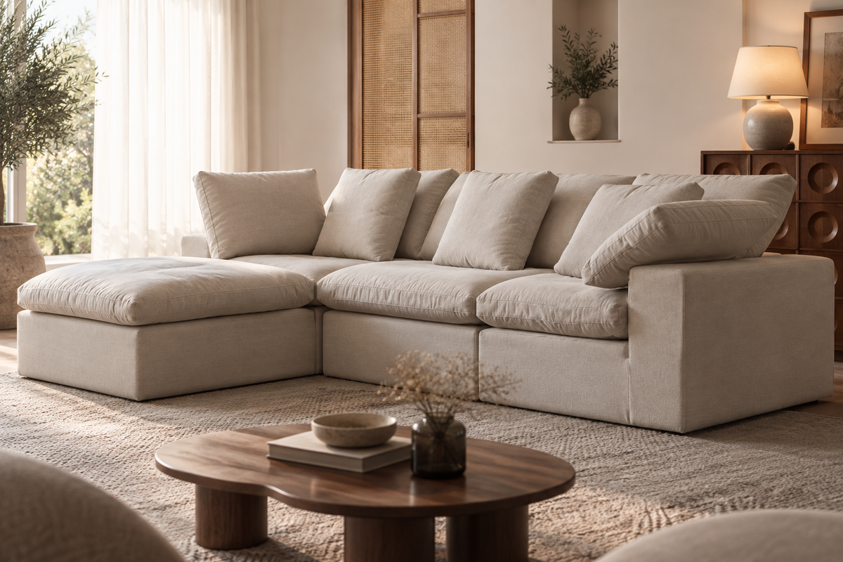 SENA ANGLE | Canapé d'angle en tissu texturé effet lin - Beige